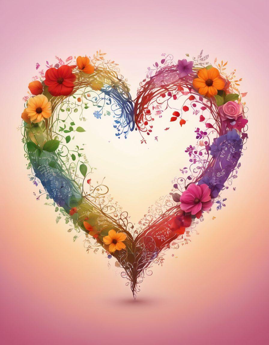 A heart symbol composed of various colorful languages and scripts, intertwined with vines and flowers, representing devotion and connection in romantic relationships. In the background, a soft gradient showing warmth and intimacy, with subtle silhouettes of couples in love. The overall mood should evoke feelings of tenderness and passion. vibrant colors. super-realistic.