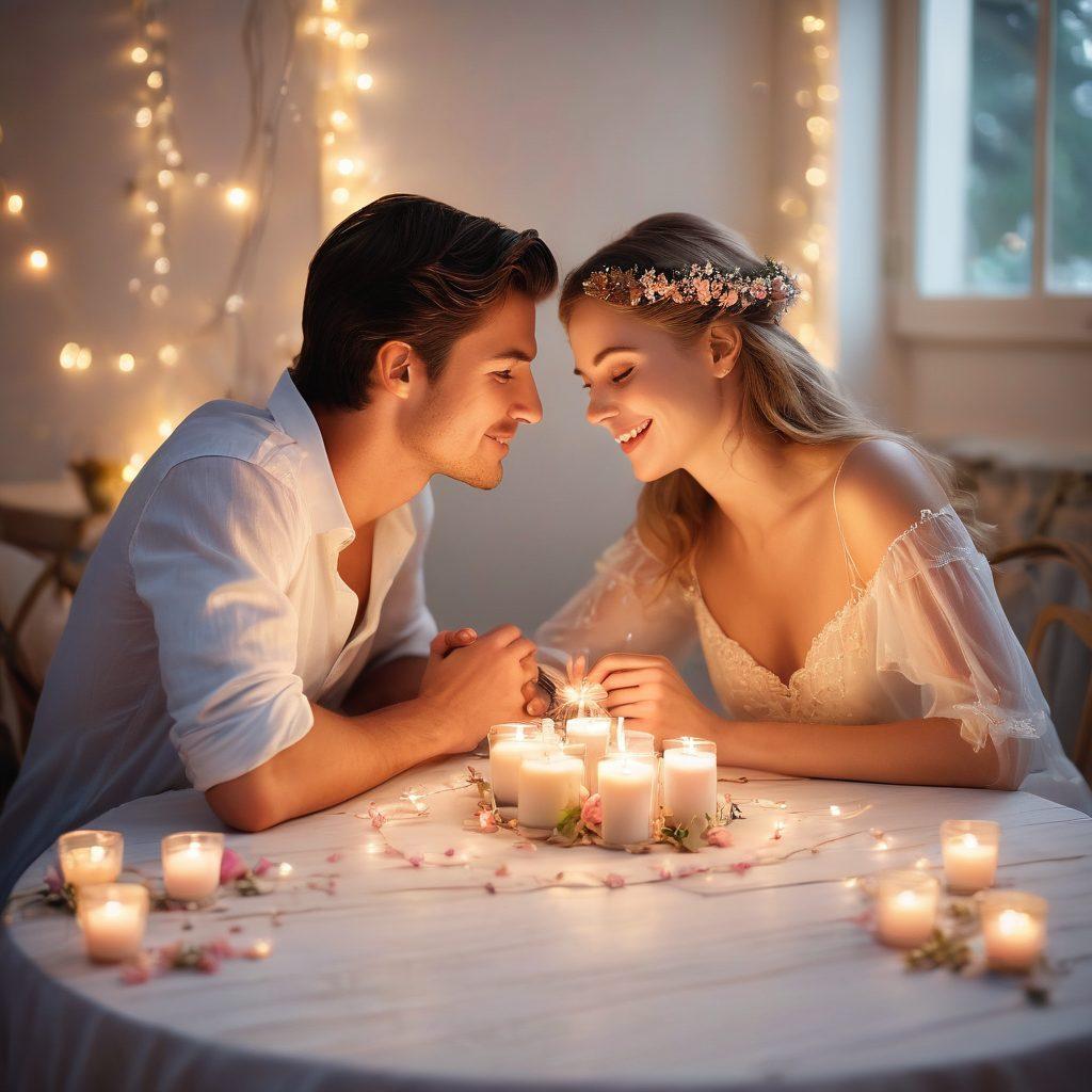 A cozy candlelit dinner table set for two, with delicate flowers and soft fairy lights in the background. A couple sharing a loving gaze across the table, hands intertwined, with a gentle warm glow illuminating their faces. Subtle details of love notes and heart-shaped decorations around them, creating an ambience of romance and affection. soft focus, pastel colors, dreamy atmosphere.