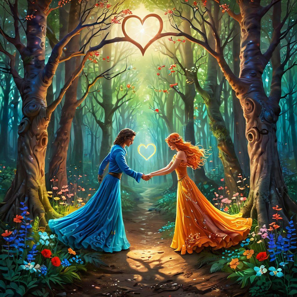A whimsical scene depicting two soulmates intertwining their paths through a vibrant forest, surrounded by symbolisms of flirtation like hearts and flowers, transitioning to symbols of commitment such as rings and entwined hands. Ethereal light illuminating their journey, highlighting their connection. Artistic blending of warm and cool colors to represent the emotional journey. fantasy art. vibrant colors. enchanting atmosphere.